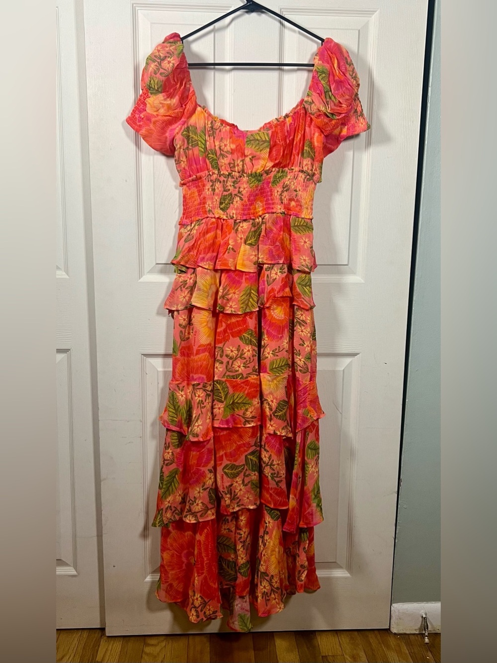 Farm Rio Blooming Floral Maxi Dress Pink Tiered Ruffle Smocked NWT medium - Picture 8 of 9